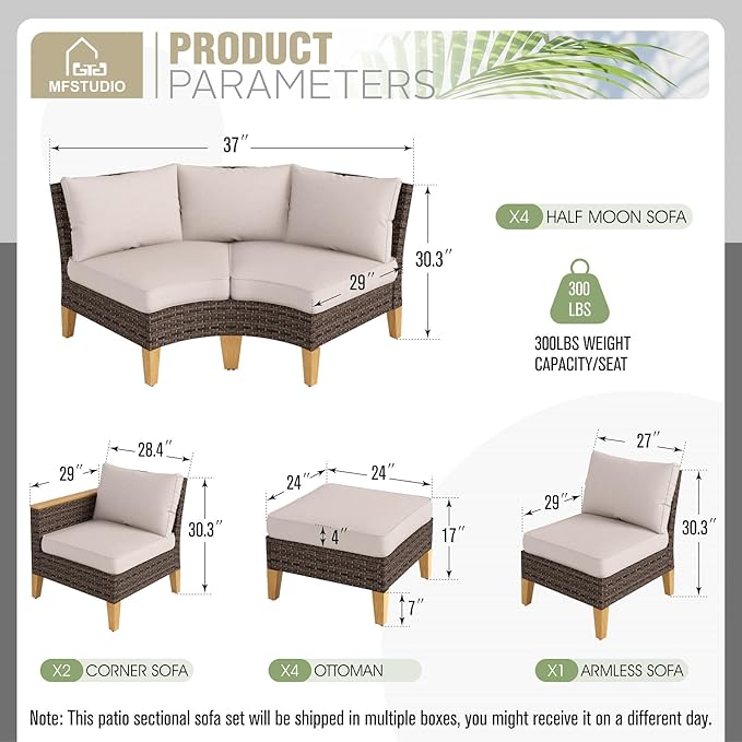 MFSTUDIO 11 Pieces Wicker Patio Furniture Set, All-Weather Rattan Outdoor Half-Moon Curved Sectional Sofa Set for Garden, Backyard, 4 x Curved Sofa, 1 x Armless Couch, 4 x Ottomans, 2 x Corner Chair
