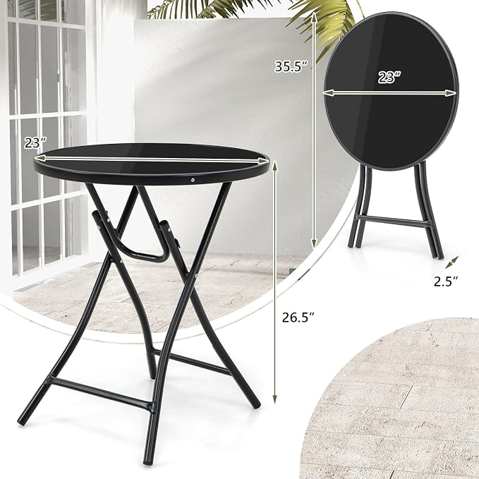 HOMGX 23 Inch Round Folding Bistro Table, Outdoor Patio Side Table with Tempered Glass Tabletop & Heavy-Duty Metal Frame, Portable Foldable Cocktail Table for Balcony, Porch, Deck, Backyard, Poolside