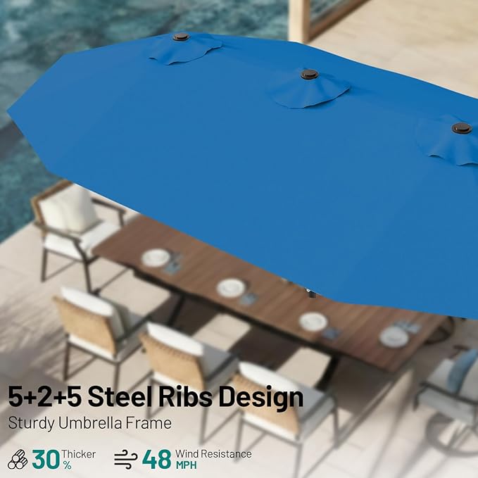 AreShark 15FT Outdoor Patio Umbrella with Crank, Large Rectangular Market Umbrella, Double-Sided Outdoor Umbrellas with Cross Base & Sandbag for Porch, Lawn, Pool, Backyard, Royal Blue