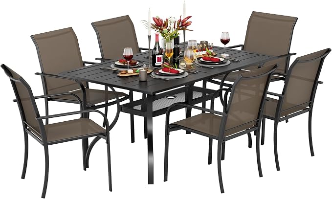 Incbruce 7 Pieces Outdoor Dining Set, Patio Metal Dining Set of 6 Textilene Chairs and Rectangle Table with Umbrella Hole for Lawn, Garden, Porch and Backyard (Brown)