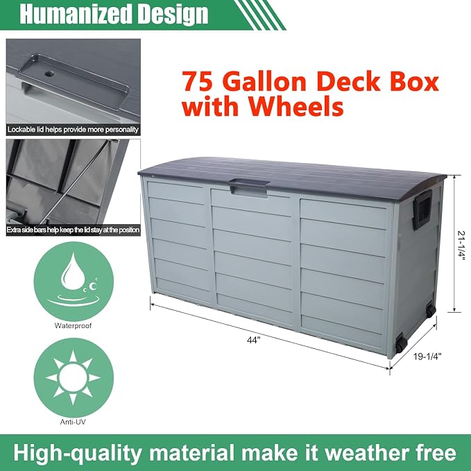 Deck Boxes 75 Gallon Resin Outdoor Storage Box Lockable Plastic Storage Containers with Lid and Wheels Waterproof Organization for Cushions Garden Tools Pool Toys Backyard Balcony Yard Patio Furniture