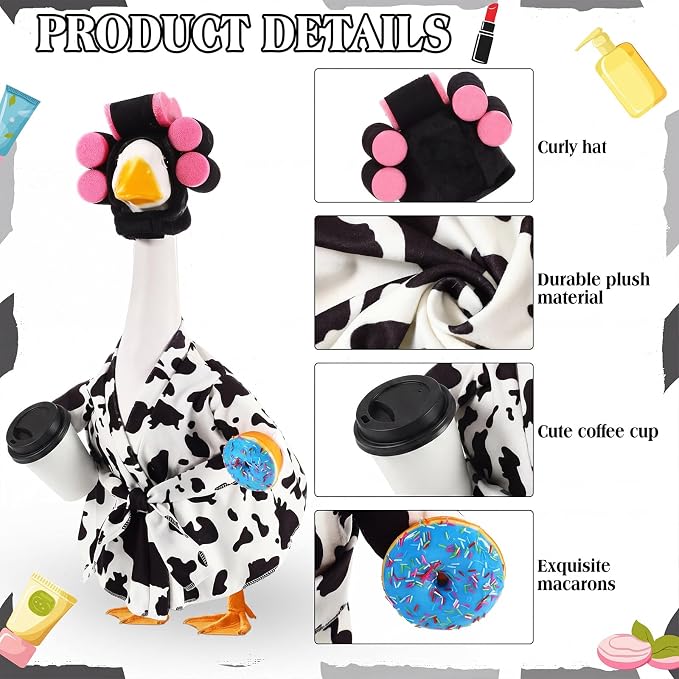 Shyyween Lady Porch Goose Outfit for 23'' Cement Plastic Lawn Goose Statue Clothes Cow Pattern Bathrobe Coffee Cup Curlers for Outdoor Garden Yard Patio Decoration