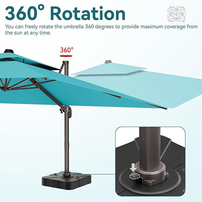 9x12 FT Patio Umbrella with base, Large Cantilever Rectangular Double Top Heavy Duty Offset Umbrellas with 360° Rotation, Outdoor shade for Garden Deck Pool, Turquoise