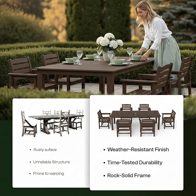 9-Piece Outdoor Dining Set for 8, 75.2" HDPE Table with Umbrella Hole & 8 Chairs, All-Weather Patio Furniture for Lawn, Yard, Deck, or Poolside, Fade & Crack Resistant (Brown)