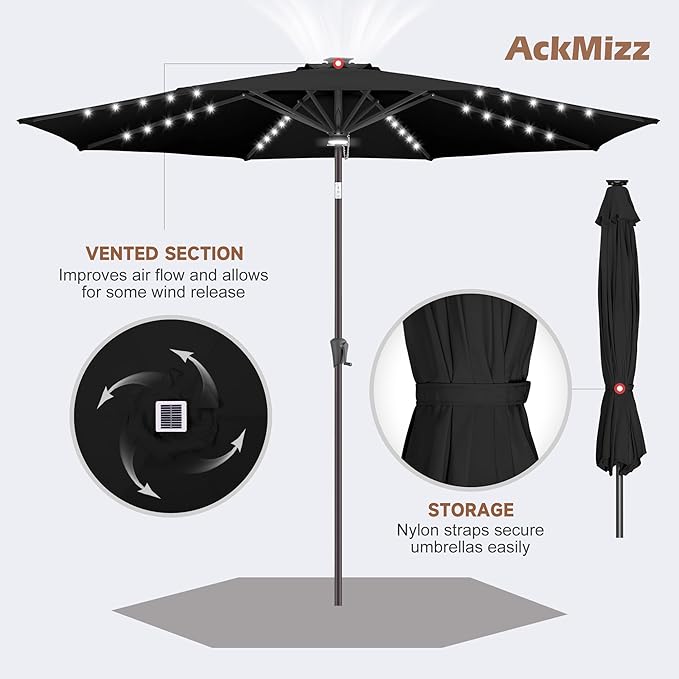 11ft Solar Umbrella Outdoor - Lighted Solar Patio Umbrella with 40 LED Lights Waterproof UV Protection, Table Umbrella with Tilt for Pool, Porch, Garden, Deck, Backyard - Black