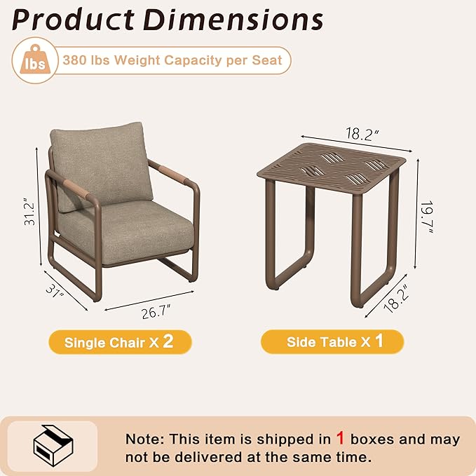 MBY Outdoor Aluminum Patio Furniture Set, 2-Seats Patio Conversation Sofa Set with Coffee Table and 6.7" Thickened Cushions, All Weather for Pool, Garden-Brown