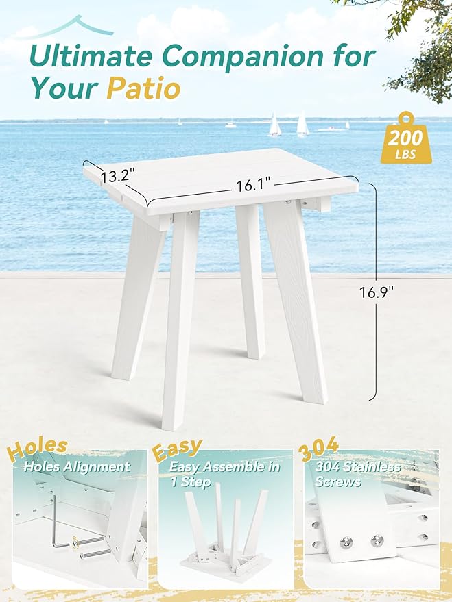 Outdoor Side Table, HDPE Weather Resistant Small Patio Table for Porch and Balcony, 200 LBS Capacity Heavy Duty Small Outdoor Table for Backyard and Pool, Easy Maintenance, White