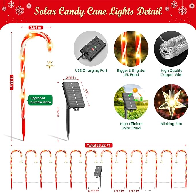 BUCASA 12 Pack Christmas Decorations Outdoor Solar Candy Cane Lights, Solar Christmas Pathway Lights with USB Charge, 10 Modes 72 LEDs Waterproof Outdoor Christmas Decorations for Garden Yard Pathway