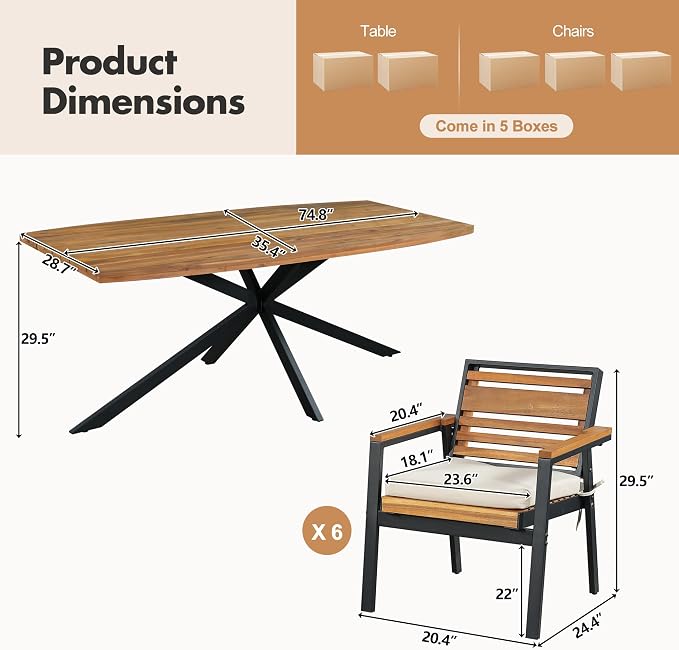 7 Pieces Metal Patio Dining Table Set with Acacia Wood, 74.8"L Dinner Table, 6 Chairs with Dual Layer Iron and Detachable Cushions, Outdoor or Indoor Furniture for Garden or Backyard, Black Beige