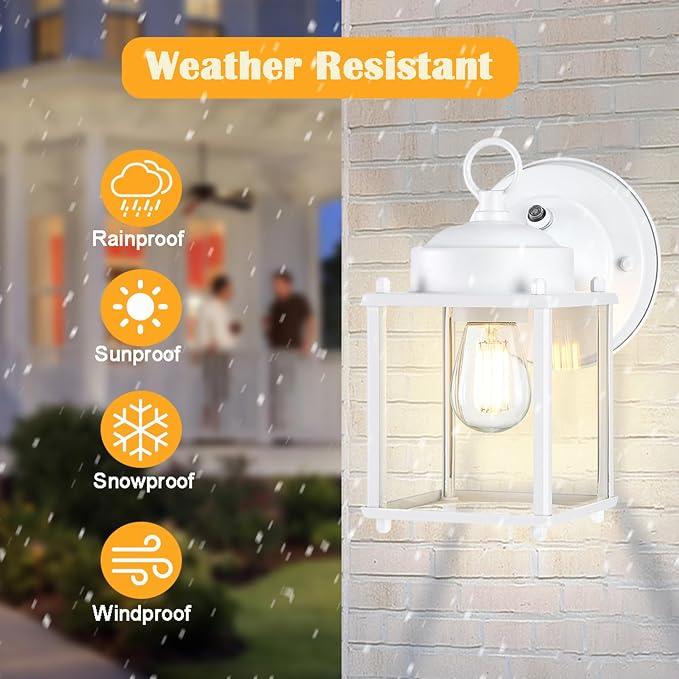 Outdoor Wall Light, Porch Lamp, Dusk to Dawn, White | Exterior Wall Sconce Fixture for House, Garage, Patio, Rustproof Waterproof, Metal Housing with Glass, E26 Base, 2 Pack
