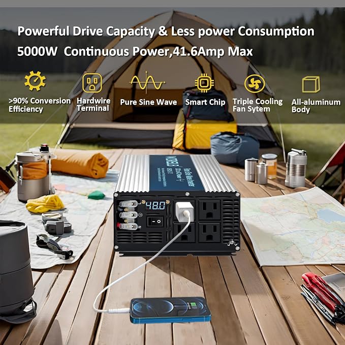 WZRELB 5000W Pure Sine Wave Inverter 48V DC to 110V 120V AC with LED Display,Remote Controller,Off-Grid Power Converter 10000W Surge with 4 AC Outlets, Hardwire Terminal for Home, RV, Truck, Camping