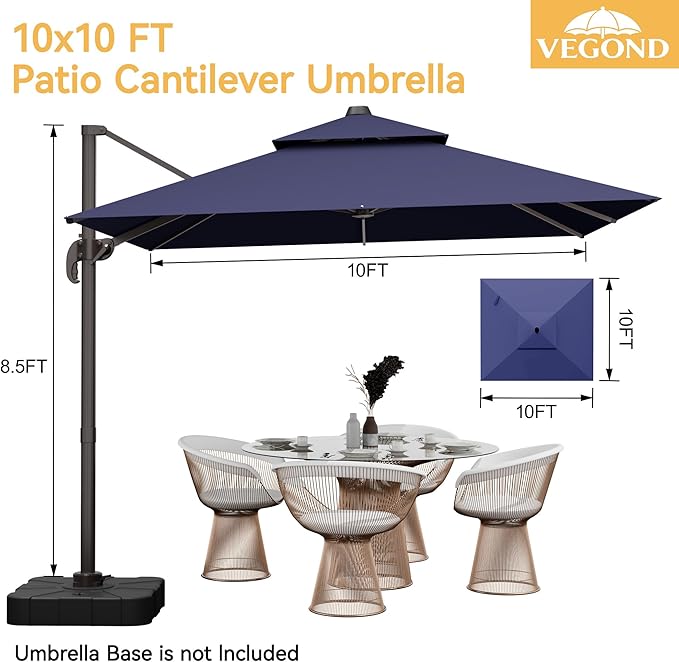 10x10 FT Patio Cantilever Umbrella (Base Not Included) (Base Not Included), Rectangular Heavy Duty Offset Umbrella for 6-8 People, 360°Rotation & Mult Tilt, Double Top Design, for Pool Garden Deck (Navy)