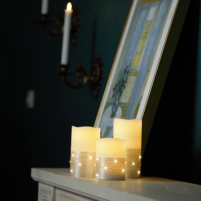 H-BLOSSOM Flickering Flameless Candles Ivory Real Wax Pillar with Embedded String Lights LED Candles Battery Operated with 10 Key Remote and Cycling 5H Timer Set of 3 (3" x 4"/5"/6") (Silver)