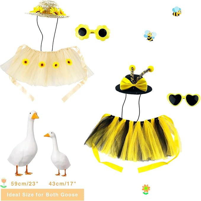 Funny 2Sets Spring Bee&Sunflower Porch Goose Outfits Dresses Clothes for 17"/23" High Cement or Plastic Porch Goose Clothes with Sunglasses for Yard Lawn Outdoor Garden Patio Statue Holiday Decor.