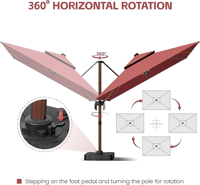 GENTEACO 10x13FT Wood Pattern Cantilever Patio Umbrella, Double Top Rectangle Offset Umbrella 7 Angle Tilts & 360° Rotation, Large Heavy Duty Outdoor Sun Umbrella for Pool Market, Red