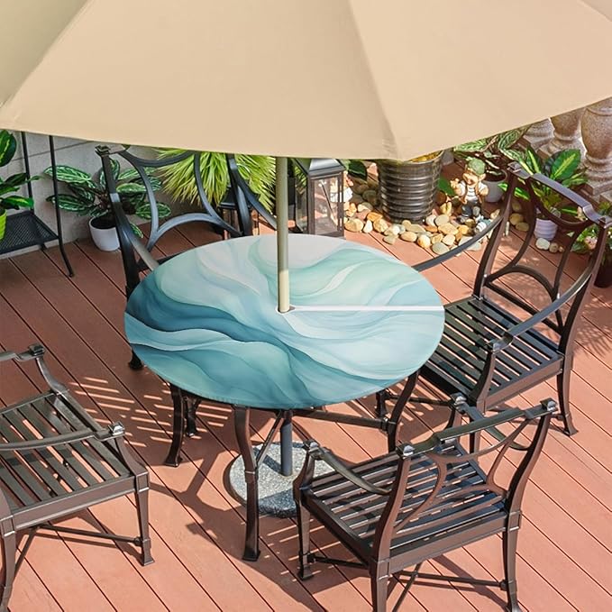 Fitted Round Tablecloth with Umbrella Hole and Zipper Abstract Teal Blue Outdoor Elastic Table Cloth 36"-44" Oil-Proof Waterproof Texture Patio Table Cover for Party Outdoor