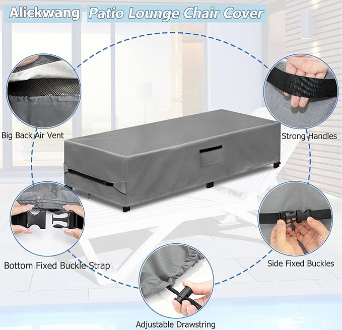 Outdoor Chaise Lounge Covers 2 Pack,Heavy Duty 600D Tear-Resistant Lounge Chair Cover Waterproof Outdoor,All-Weather Protection Patio Chaise Lounge Covers,80" L x 28" W x 14" H,Grey