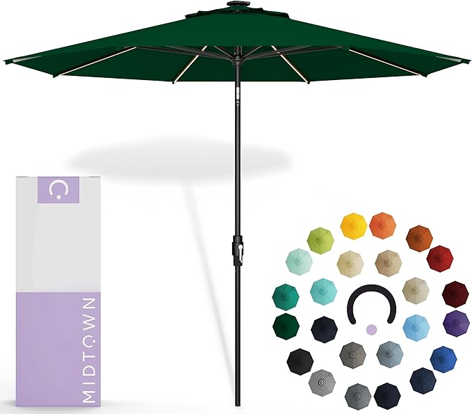 Midtown Umbrellas The LED Swilt 10 Feet Patio Umbrella With Sunbrella Forest Green Acrylic Fabric - Auto-Tilt Aluminum Frame With LED Lights For Backyard, Deck, Garden, Pool - Black Pole