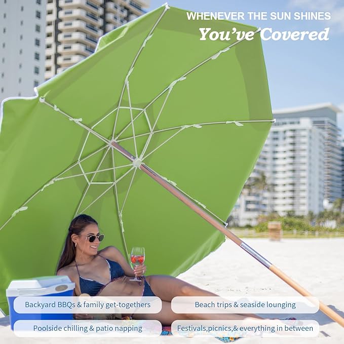 AMMSUN 7.5ft Heavy Duty High Wind Beach Umbrella Commercial Grade with Air Vent Ash Wood Pole & Carry Bag UPF 50+ Sun Protection for Patio Garden Pool Backyard Olive Green