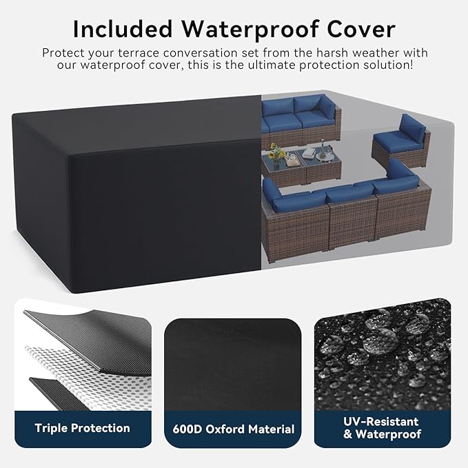 LazySunsets 10 Piece Outdoor Patio Furniture Set with Coffee Table, Outdoor Patio Furniture Sets with Waterproof Cover and Thicken Cushion, Wicker Rattan Outdoor Conversation Set for Backyard, Blue