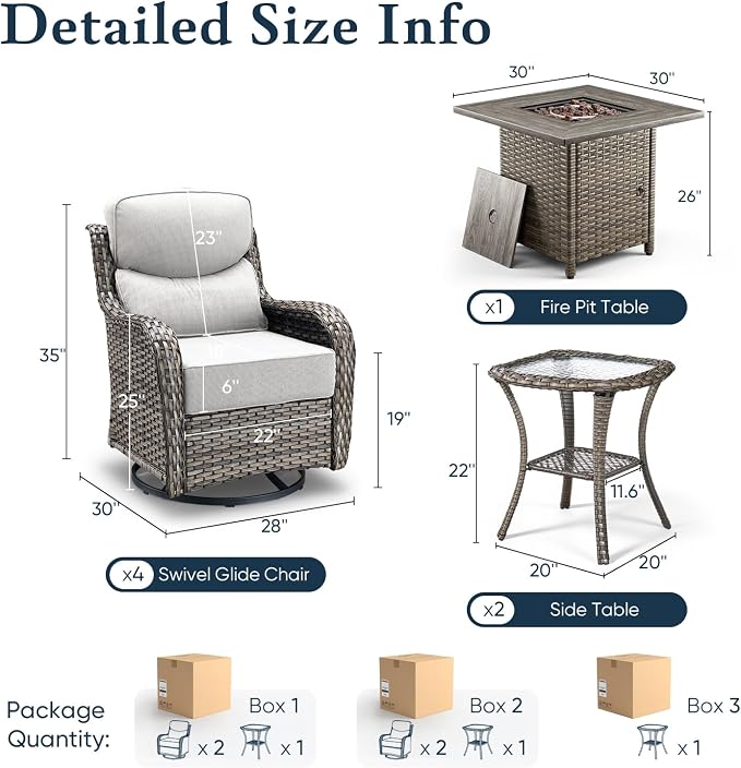 Belord Luxury 6" Thick Cushioned Outdoor Swivel Rocker Chairs Set of 4 with Fire Pit Table, High Back Wicker Patio Furniture Set with Ergonomic Zone Back, Conversation Set for Deck Porch - Grey+Beige