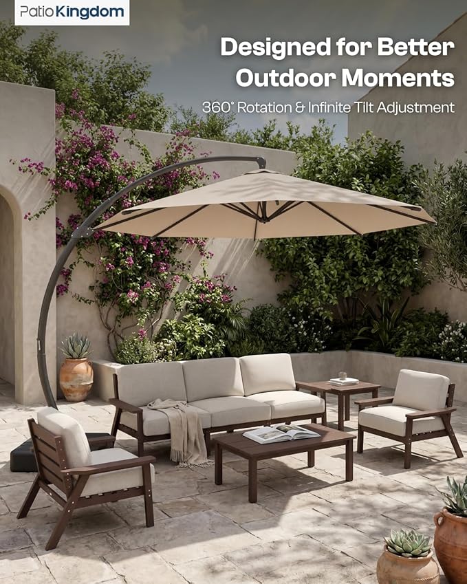12 FT Cantilever Umbrella with Base Included, Large Round 360° Rotation Offset Umbrella Outdoor Patio, Heavy Duty Aluminum Frame, Sand-Weighted Stand, for Deck, Backyard, Pool, Garden (Beige)