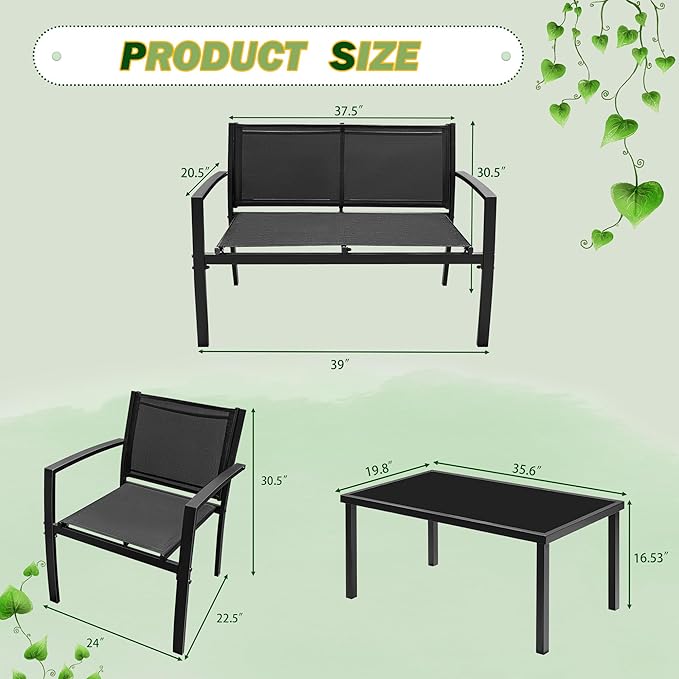 Tuoze 4 Pieces Patio Furniture Set Outdoor Conversation Set with Glass Coffee Table Bistro Set with Loveseat Garden Yard Lawn and Balcony (Black)
