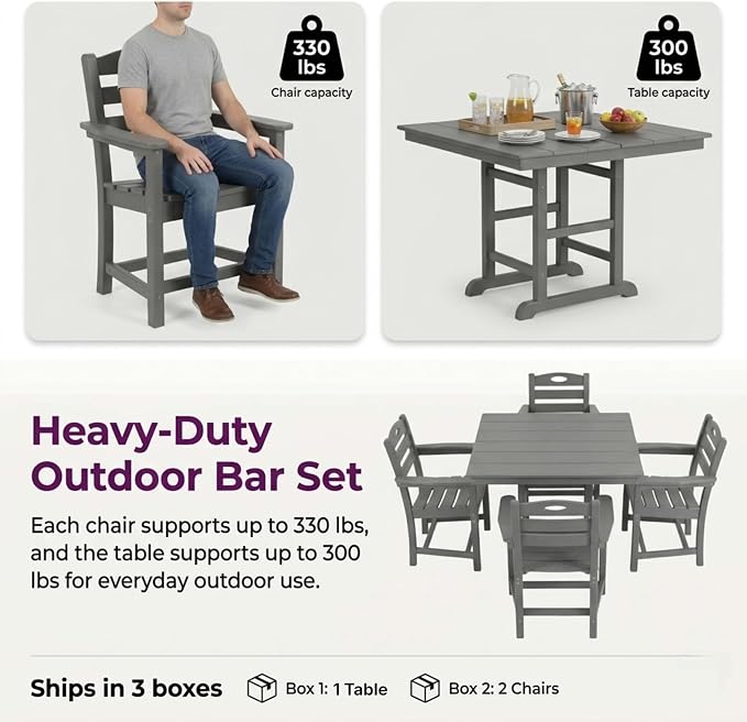 WILLIAMSPACE 37.8" Outdoor Patio Dining Set with 4 Armchairs, All Weather HDPE Square Dining Table with Umbrella Hole, Patio 5-Piece Bistro Set for Backyard, Balcony, Lawn, Kitchen (Gray)