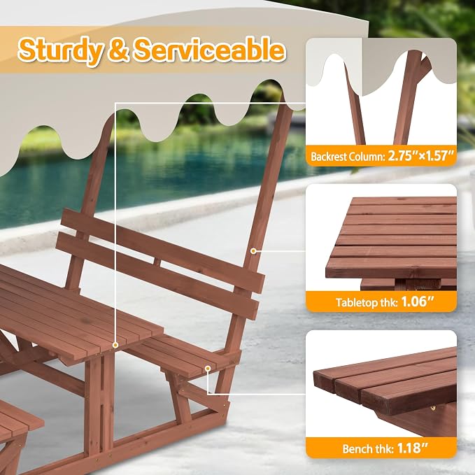 Outdoor Solid Wood Picnic Table with Bench Set & Removable Waterproof Canopy, All-Weather Commercial Camping Table for School, Patio Garden Deck Park Beach, Brown