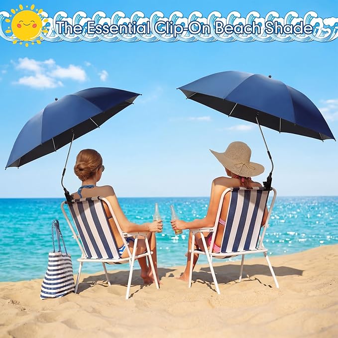 2 Pcs Beach Umbrella with Clamp UV Protection 48 Inch Adjustable Umbrellas for Chair with 360° Universal Clamps for Beach Camping Stroller Wheelchair, Chair Not Included(Deep Blue)