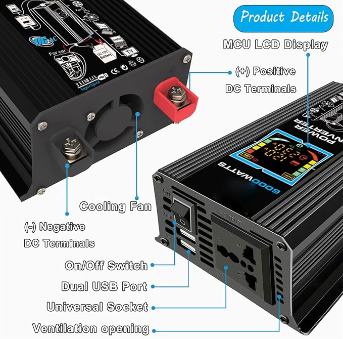 6000W Solar Generator Kit - Portable Off-Grid Power System with 12V/110V/220V Inverter, 75W Foldable Solar Panel, Dual USB Ports & 50A Controller for Home & Outdoor Use (Black)