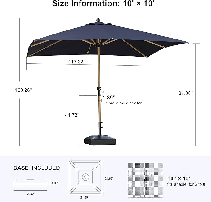 PURPLE LEAF 10' x 10' Square Patio Umbrella with Base Outdoor Umbrella Market Umbrella with Crank & 8 Ribs Aluminum Outdoor Table Umbrella for Pool Deck Backyard, Navy Blue
