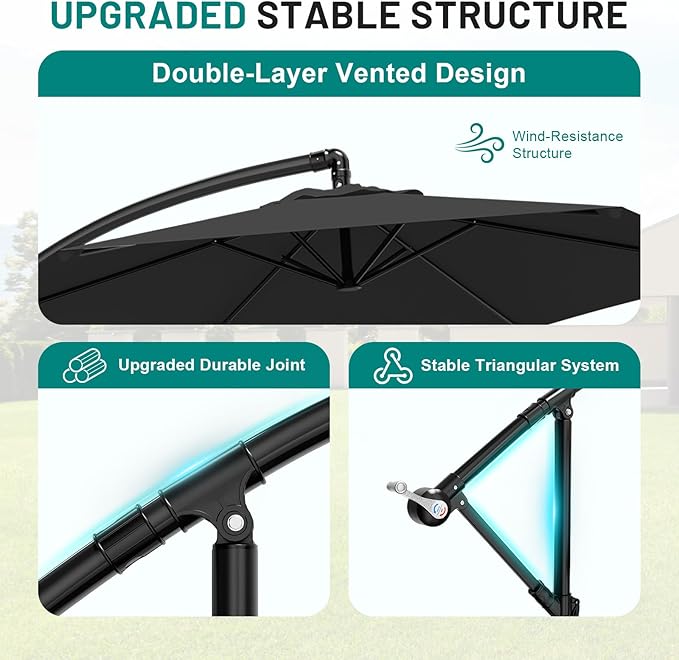 AreShark 10FT Patio Outdoor Umbrella, Offset Patio Umbrella Cantilever Umbrella, 6 Sturdy Ribs, Easy Adjustment for Garden Market Pool with Cross Base (Black)