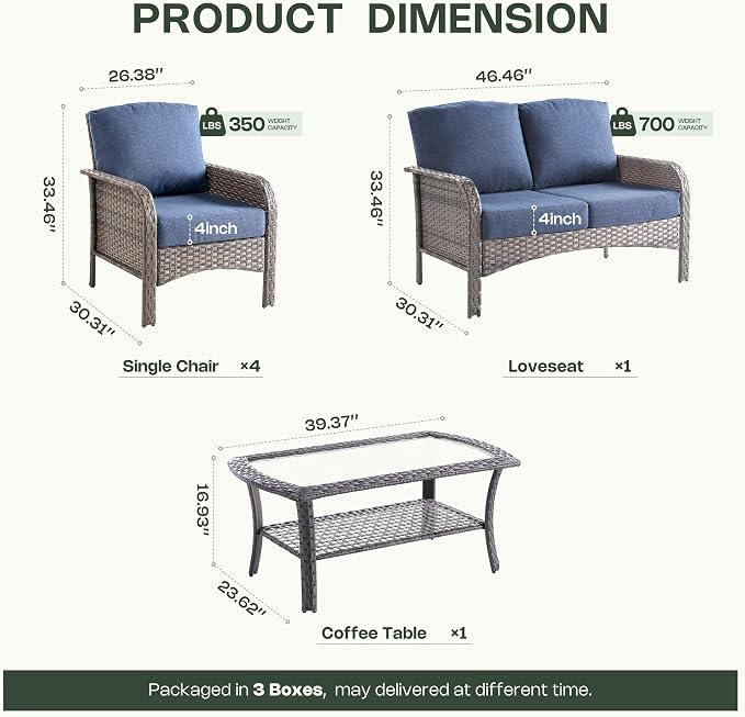 6-Piece Patio Furniture Set, Outdoor Wicker Furniture with Coffee Table, All Weather High Back Loveseat Patio Chairs, Modern Rattan Outdoor Chairs Conversation Set for Porch, Garden,Denim Blue