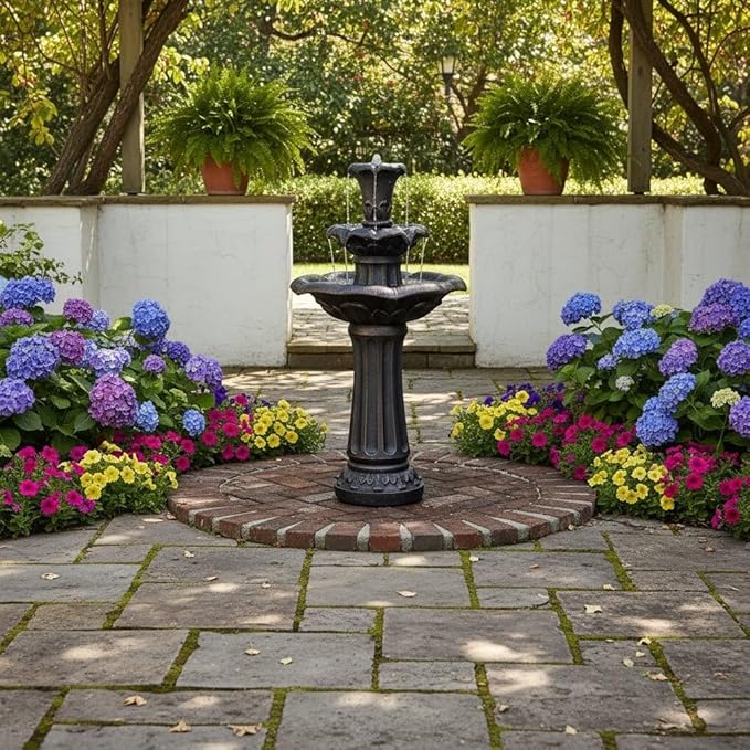 Teamson Home Lily Flower Floor Pedestal 3 Tiered Floor Waterfall Fountain with Pump for Outdoor Patio Garden Backyard Decking, 38 Inch Height, Bronze