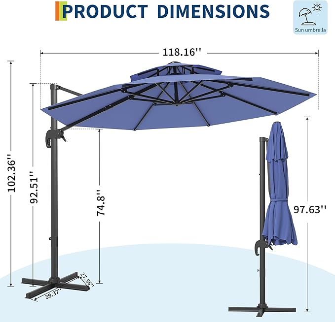 10FT Outdoor Umbrellas for Patio, Cantilever Umbrella with Steel Frame, UV Protection, Fade Resistant Fabric, 360 Degree Rotation, Pool Umbrellas Outdoor for Garden Deck Backyard