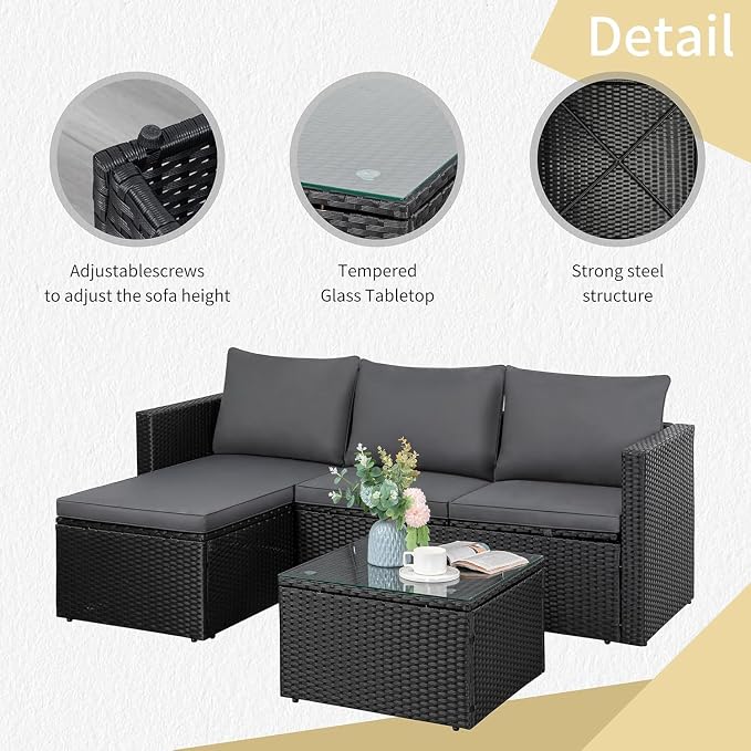 JAMFLY 3-Piece Outdoor Sectional Sofa Set with Glass Coffee Table, All-Weather PE Wicker Patio Furniture with Thick Cushions, Modular Conversation Set for Small Balcony, Deck & Porch, Grey