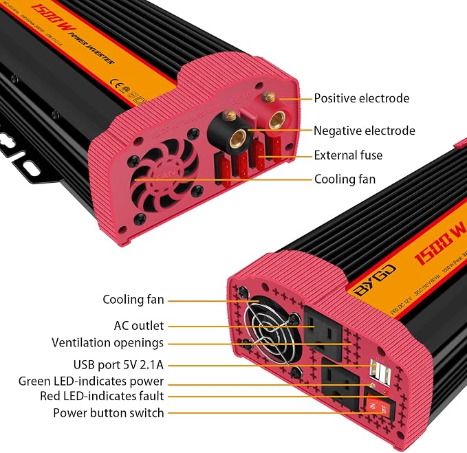 1500W Car Power Inverter DC 12V to AC 110V Car Converter Charger Adapter with Dual Outlets and 4.2A Dual USB Ports DC to AC Power Inverter for Truck Outdoor Home Camping RV Hurricane Emergency Red