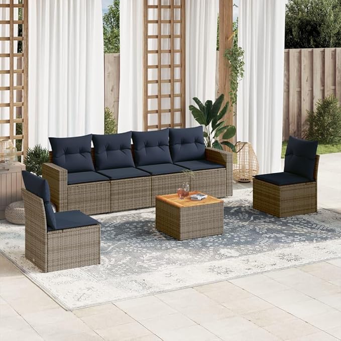 vidaXL Patio Sofa Set with Cushions 7 Piece, Outdoor Conversation Set, Patio Furniture Set for Balcony Garden, Modern Style, Gray Poly Rattan
