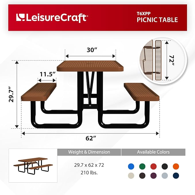 Leisure Craft Metal Picnic Table with Bench - 6 ft Rectangle Outdoor Dining Table for 6, Umbrella Hole, Weatherproof Heavy Duty Thermoplastic Coating, Commercial Grade Furniture Made in USA - Brown