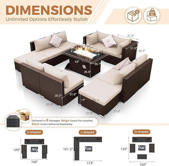BULEXYARD 11 Piece High Back Outdoor Furniture Set with Firepit, Cozy Patio Conversation Set with Ottoman Modular, Extra Wide Deep 10-Seats Sectional Couch Sofa for Yard, Brown Rattan & Black Cushion