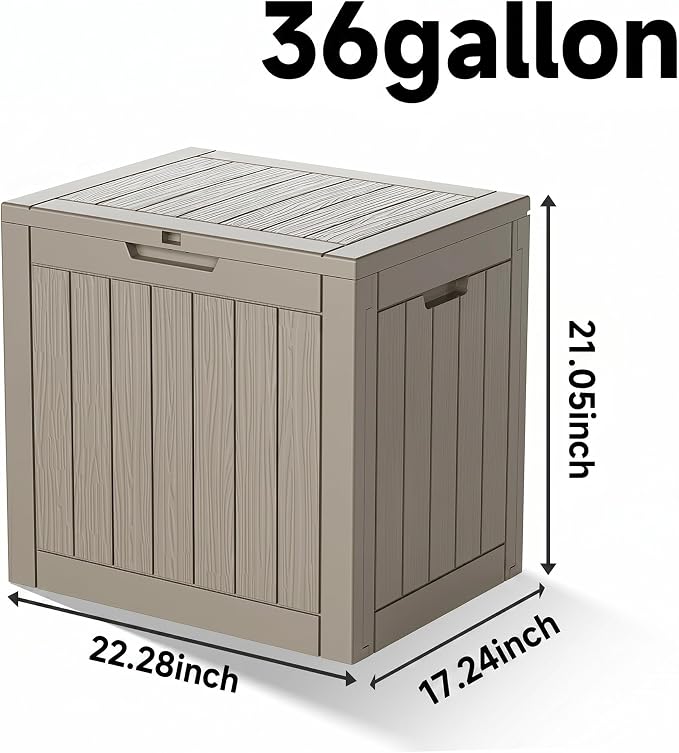 PatioZen 36 Gallon Deck Box,Waterproof Resin Outdoor Storage Boxes, Outside Storage Lockable Container for Garden Tools,Indooor Cushions,Accessories (Grey)