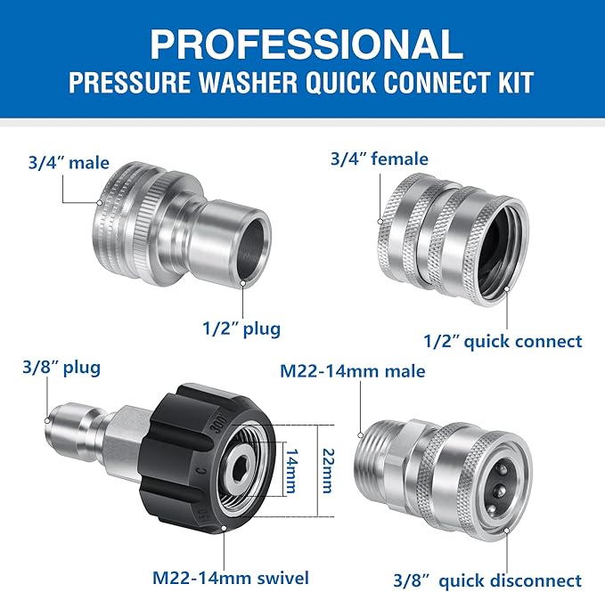 Premium Pressure Washer Quick Connect Kit M22 14mm Power Washer Adapter Set | M22 Swivel to 3/8'' Quick Connect, 3/4'' to Quick Release, Quick Connect Pressure Washer Fittings (Stainless Steel)