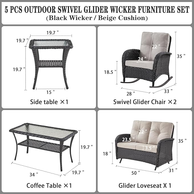 Belord 5 Piece Outdoor Conversation Patio Furniture Set - All-Weather Wicker Patio Rocking Chairs with Loveseat Glider Chair and Coffee Table for Patio Deck Porch Backyard Black Wicker