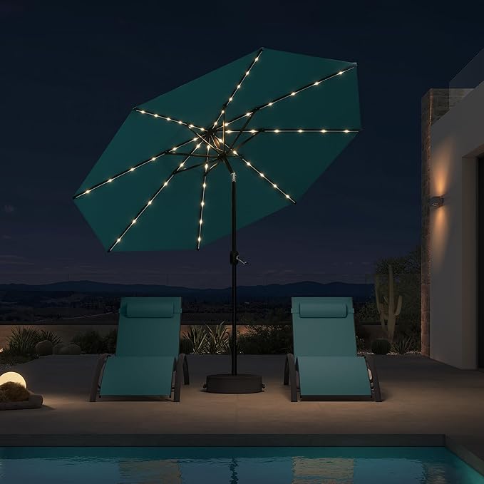 PURPLE LEAF 10' Round Patio Umbrella with Solar LED Outdoor Table Umbrella Aluminum Frame Market Umbrella with 8 Sturdy Ribs & Tilt for Garden Deck Lawn Pool Turquoise Blue