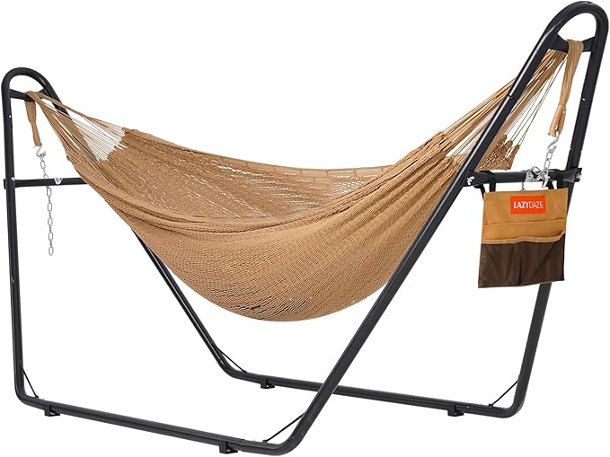 Lazy Daze Hammocks Handwoven Mayan Hammock with Heavy Duty Steel Stand, 10.5 FT Soft Rope Double Hammock for Patio Outside, 550 lbs Weight Capacity, Tan