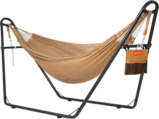 Lazy Daze Hammocks Handwoven Mayan Hammock with Heavy Duty Steel Stand, 10.5 FT Soft Rope Double Hammock for Patio Outside, 550 lbs Weight Capacity, Tan