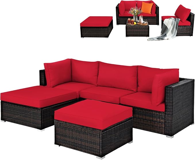 DORTALA 5 Pieces Patio Rattan Furniture Sets, Sectional Sofa Conversation Set w/Steel Frame & Sponge Cushions, Modern Wicker Combination Sofa Set w/Ottoman & Table for Garden Lawn Balcony, Red