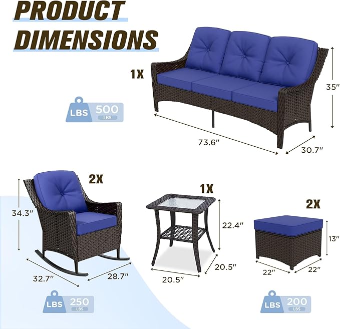 Stone Creek Outdoor Furniture Set with Rocking Chairs, 3 Seater Couch, Side Table & Ottomans, Wicker Patio Conversation Set, Balcony Furniture, 6 Piece, Brown/Blue
