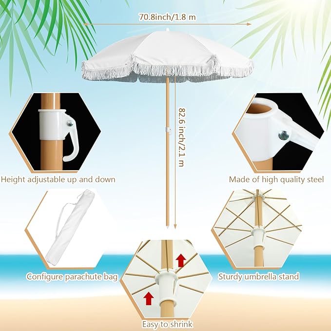 Talltalk 6 Ft Outdoor Beach Patio Umbrella with Fringe, Steel Pole, Steel Ribs and Carry Bag Elegant Table UPF 50+ UV Boho Umbrella for Outdoor Patio Picnic Beach Backyard(White No Steering)